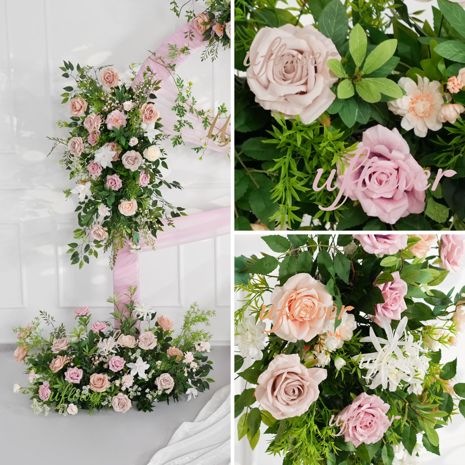 Uflower Champagne Pink Rose Green Leaf Hang Flower Floor Floral Wedding Party Event Props